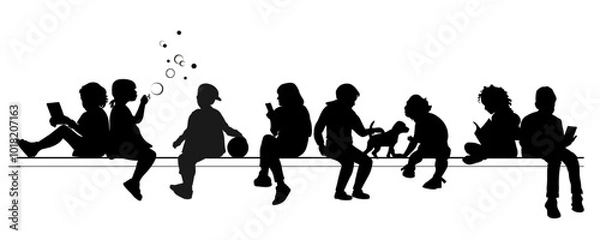 Fototapeta Children and pets silhouettes on white background. Little girls and boys sitting and playing on a bench. Vector illustration.	
