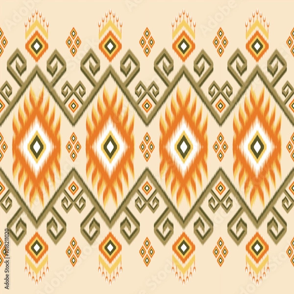 Fototapeta A traditional ikat pattern in warm earthy tones of orange, brown, and beige. Featuring geometric diamond shapes and intricate motifs, perfect for fabric, home decor, and ethnic-inspired design project