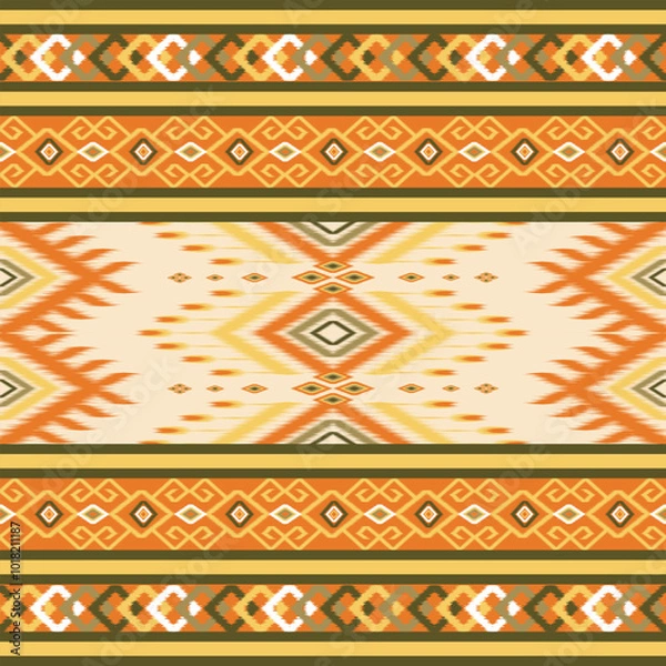 Fototapeta A traditional ikat pattern in warm earthy tones of orange, brown, and beige. Featuring geometric diamond shapes and intricate motifs, perfect for fabric, home decor, and ethnic-inspired design project