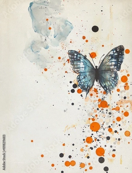 Fototapeta Wabi-Sabi Mixed Media Collage Paper with Orange Splashes and Butterfly