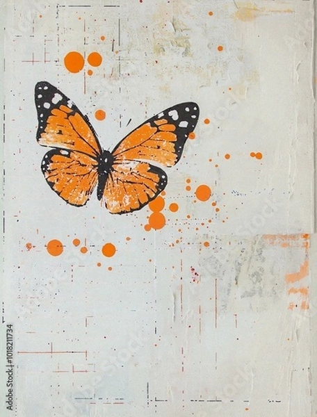 Fototapeta Wabi-Sabi Mixed Media Collage Paper with Orange Splashes and Butterfly