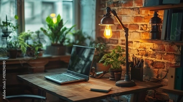 Obraz A creative eco-friendly desk setup with a table lamp constructed from repurposed metal pipes, adding a sustainable touch to the workspace