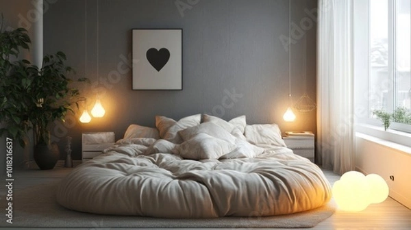 Fototapeta Cozy Round Bed with Pillows and Warm Lighting in a Modern Bedroom