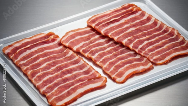 Obraz A stack of fresh bacon slices on a smooth background. This image is perfect for illustrations in culinary blogs, restaurant menus, or marketing meat products.