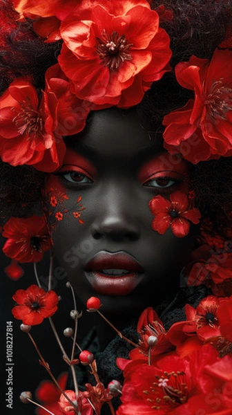 Fototapeta A Striking Portrait of a Black African Woman With Red Hair Adorned With Vibrant Red Flowers