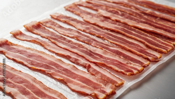 Fototapeta A stack of fresh bacon slices on a smooth background. This image is perfect for illustrations in culinary blogs, restaurant menus, or marketing meat products.