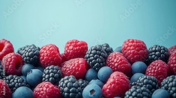 Fototapeta An array of fresh berries including raspberries, blackberries, and blueberries is arranged neatly against a soft blue background, showcasing their rich colors and textures, perfect for illustrating he