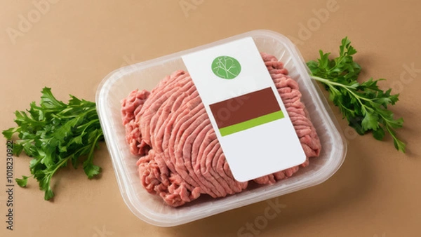 Obraz Fresh ground turkey in eco-friendly packaging alongside a piece of meat and fresh greens. A perfect option for a nutritious meal, suitable for a variety of dishes.