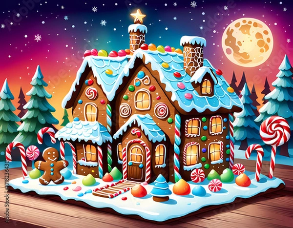 Fototapeta Gingerbread house decorated for the holidays with gingerbread men, candy cane and sweets and snow icing.