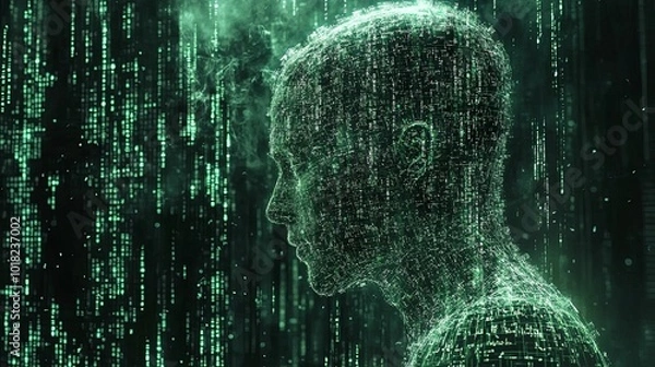 Fototapeta Digital Human Constructed from Green Binary Code