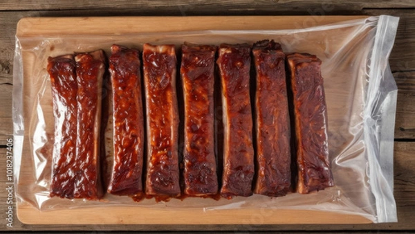 Fototapeta A tray of succulent barbecued ribs, neatly arranged and vacuum-sealed for freshness. Perfect for grilling enthusiasts and culinary projects, this image showcases delicious, tender meat ready for meal 