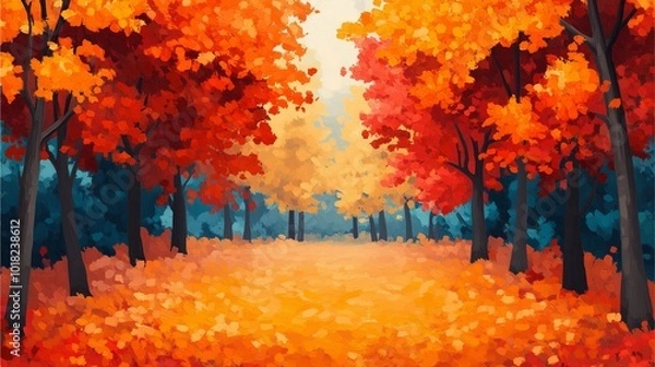 Fototapeta A vibrant autumn landscape featuring trees with fiery orange leaves, creating a picturesque path through a colorful forest.
