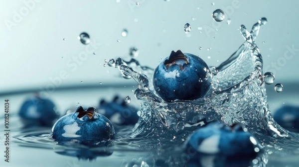 Fototapeta Blueberry hitting water, creating a dynamic splash effect with droplets in mid-air, against a clean background