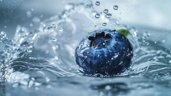 Fototapeta Blueberry suspended in the air, just above a water splash, with droplets scattering in a clean, crisp scene