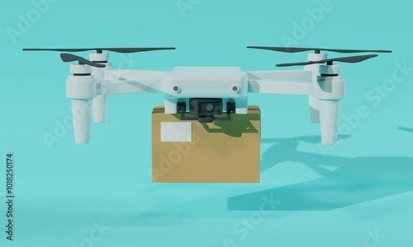 Obraz White drone with box delivering parcel on blue background. 3d rendering 