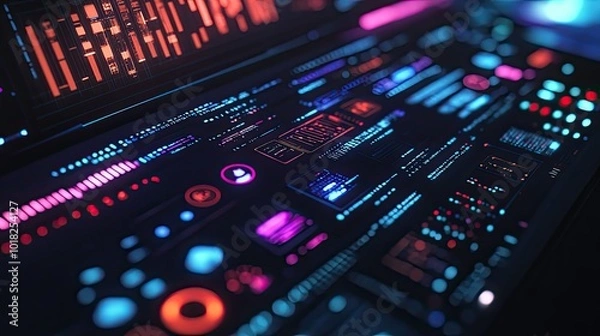 Fototapeta Close-up of a sleek laptop showing a digital futuristic interface, with vibrant technology symbols floating on the screen