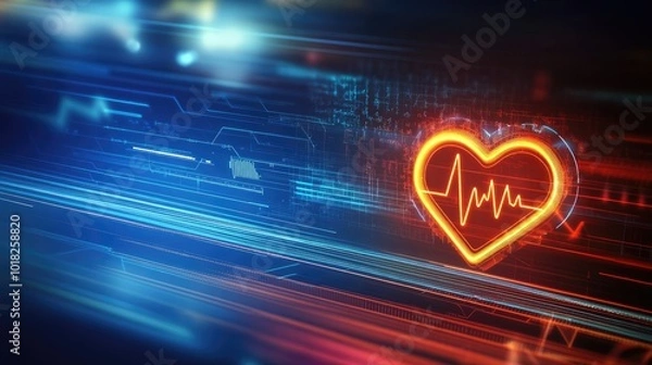 Fototapeta Cloud icon with a heartbeat line glowing on a futuristic, tech-driven background, symbolizing digital health solutions