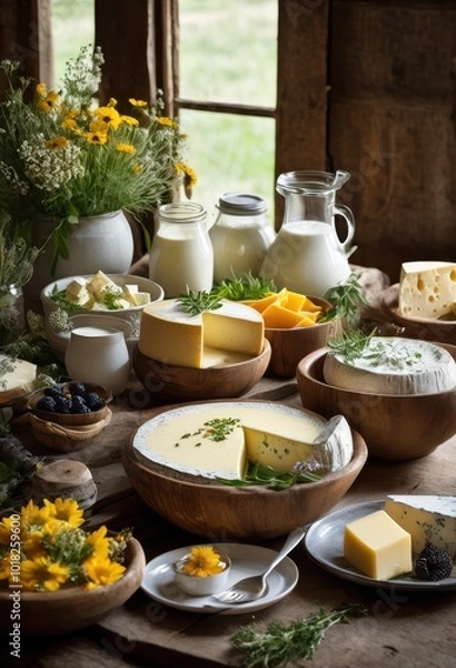 Fototapeta visually appealing presentation fresh dairy products arranged rustic wooden bowls highlighting texture freshness, artisan, cheese, milk, creamy, yogurt