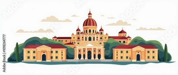 Fototapeta A Beautiful Illustration of a Grand Palace Surrounded by Lush Greenery and Clouds in a Serene Landscape