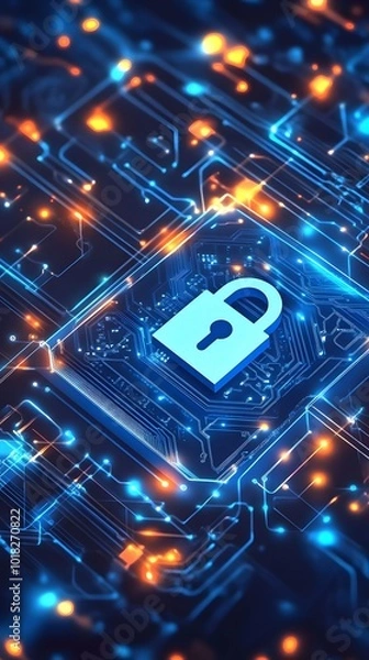 Fototapeta A digital lock symbol on top of an electronic circuit board, representing data security and cyber protection.