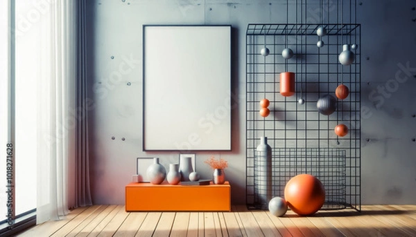 Fototapeta Modern room with accent colours and a blank poster