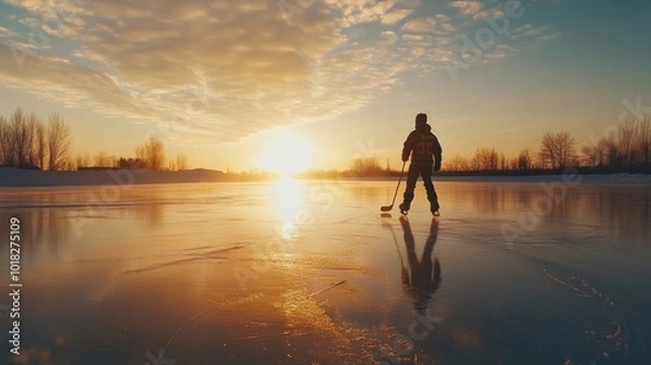 Obraz Stunning panoramic image of a young hockey player silhouette skating on a frozen lake at dusk in the winter, with stunning reflections in the gorgeous golden evening light
