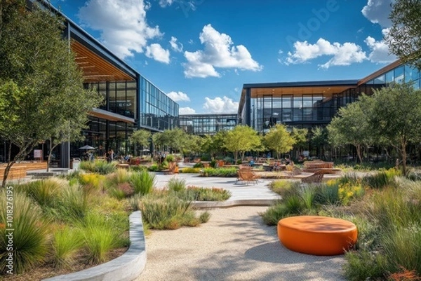 Fototapeta A modern office building courtyard with lush landscaping, walkways, and seating areas.