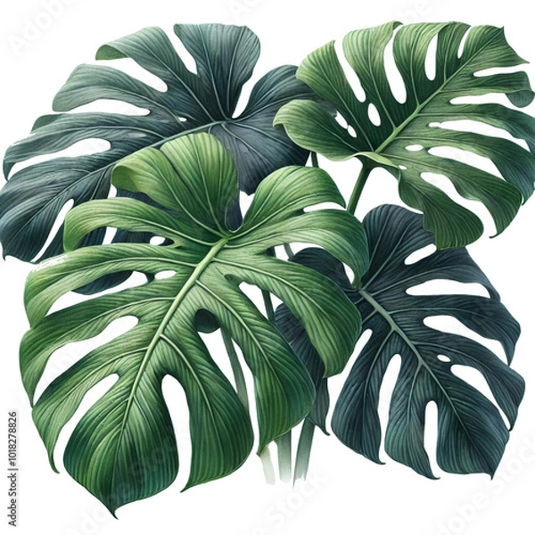 Fototapeta Botanical Watercolor Illustration of Monstera Leaves - Tropical Split Leaf Design High Resolution