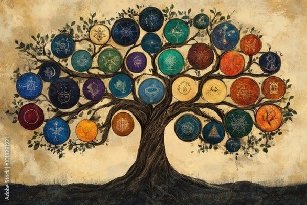 Fototapeta A stylized tree with colorful circular symbols hanging from its branches, representing a family tree, lineage, or growth.