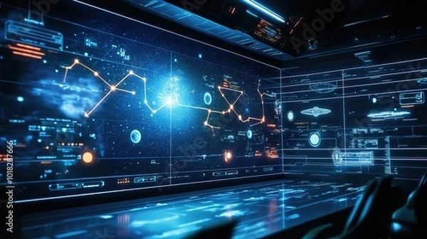 Obraz holographic projection of a star map with planets and glowing navigation lines in a futuristic space command center