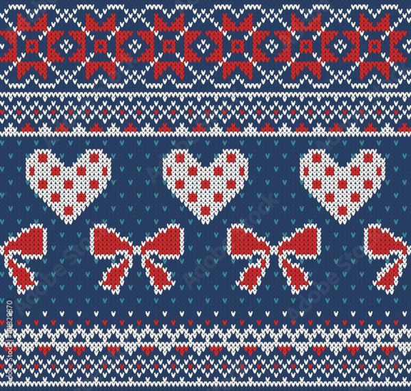 Obraz Seamless pattern on the theme of Valentine's Day with an image of the Norwegian patterns and hearts. Wool knitted texture
