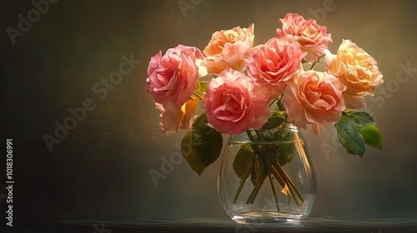 Obraz Vibrant pink and orange flowers in a clear glass vase, with gentle lighting highlighting the soft textures of the petals