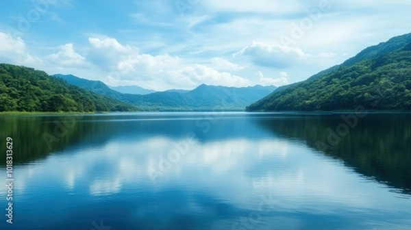 Fototapeta Tranquil Lakeside Serenity, peaceful lake reflecting the sky, lush greenery surrounding, inviting calmness, ample space for messages or quotes, ideal for relaxation and inspiration