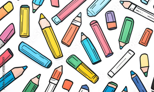 Fototapeta stationery in doodle 2D illustrator style, with cartoonish/symbolic elements and a white background.