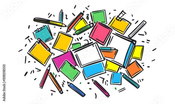 Fototapeta stationery in doodle 2D illustrator style, with cartoonish/symbolic elements and a white background.