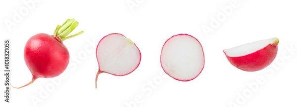Fototapeta Fresh radish isolated on white background. Organic garden radish slices. clipping root crop. Vegetables. Vegan. Diet products. Healthy food.