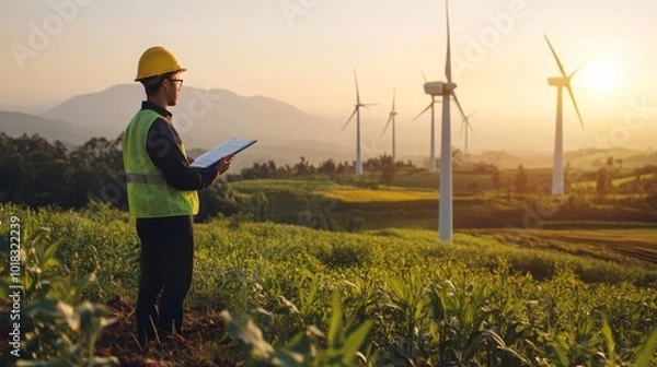 Obraz A worker in safety gear inspects a wind farm at sunset, surrounded by lush fields and towering turbines.
