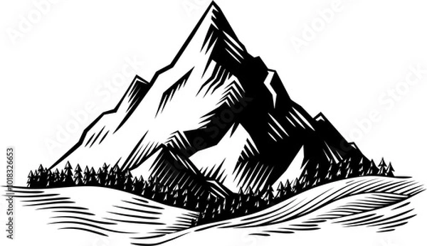 Fototapeta Mountains Range Woodcut Engraved Style Drawing