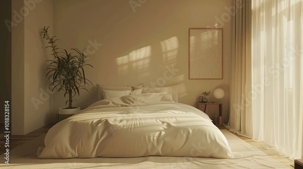 Fototapeta A serene bedroom with a large, plush bed, minimalist decor, and soft natural light