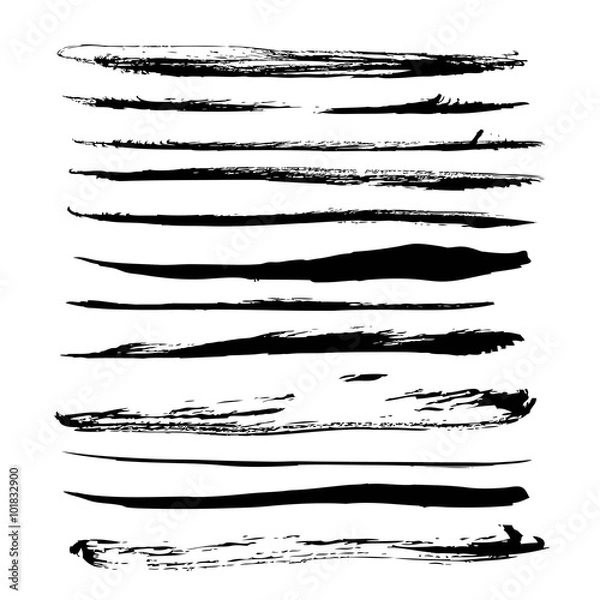 Fototapeta Big set of long black strokes texture in ink on white paper