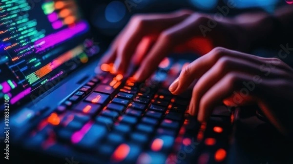 Fototapeta Closeup of hands on a keyboard, surrounded by transparent digital UI elements and coding scripts.