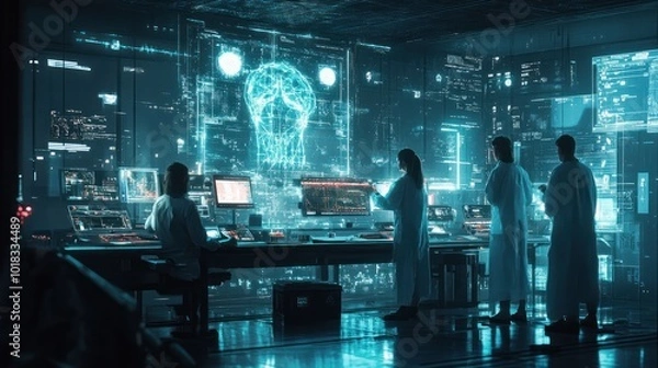 Fototapeta Four scientists working in a futuristic lab with holographic displays and data visualizations.
