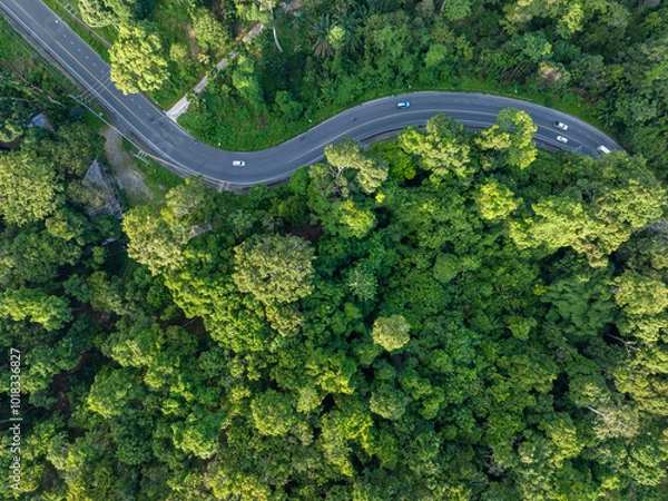 Fototapeta Aerial view transport road on tropical rainforest mountain