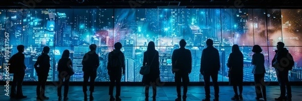 Fototapeta Scientists Silhouetted Against Starry Window View