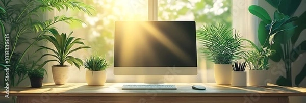 Fototapeta Bright, minimalist home office with plants, banner with copy space