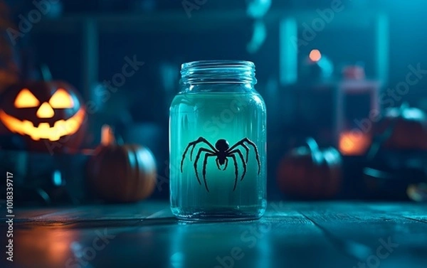 Fototapeta Spooky Halloween scene featuring a jar with a spider silhouette, surrounded by glowing pumpkins and a dark, eerie atmosphere.
