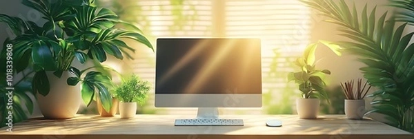 Fototapeta Bright, minimalist home office with plants, banner with copy space