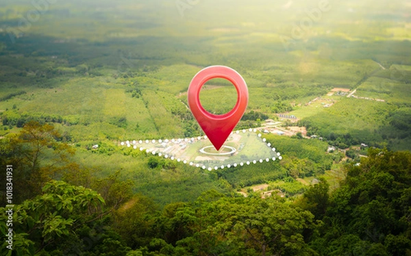 Fototapeta Land plot in aerial view. Gps registration survey of property, real estate for map with location, area. Concept for residential construction and development. Also home, house for sale, buy, purchase,