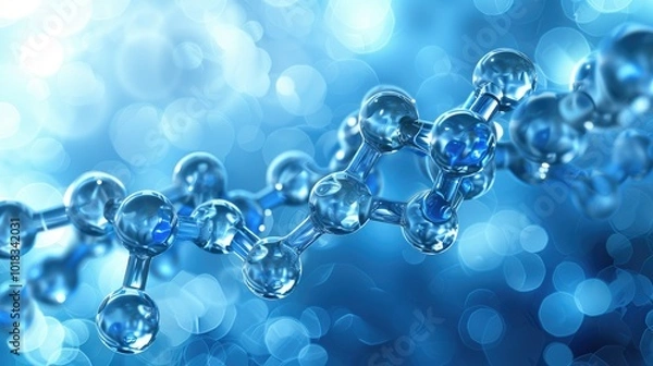 Fototapeta Molecular structure with blue bokeh background representing advances in medical science