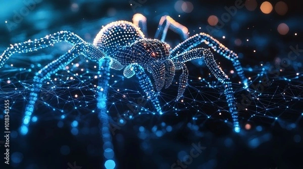Fototapeta An elaborate digital spider standing amidst glowing web patterns reflects the seamless union between the digital cosmos and the finesse of nature's architecture.